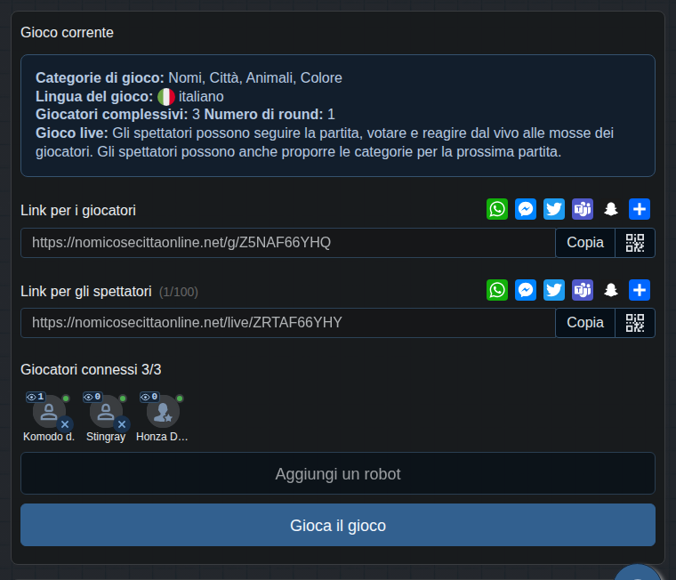 Lobby con il link per il pubblico