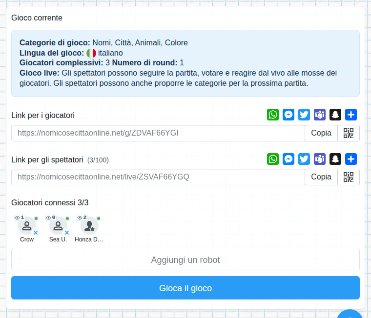 Lobby con il link per il pubblico