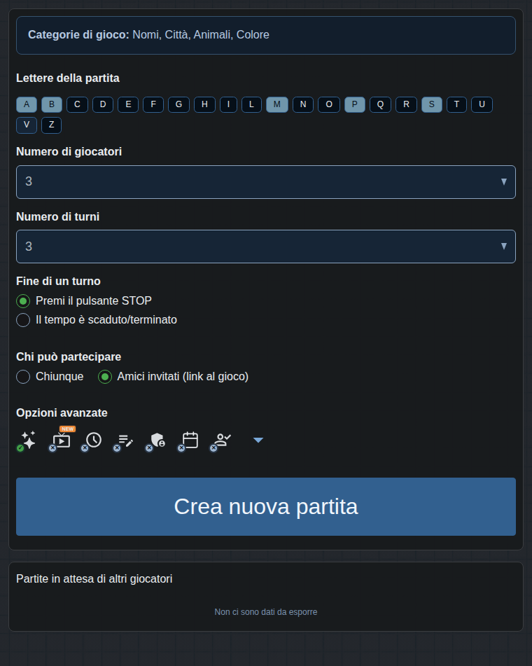 Modulo per creare la partita