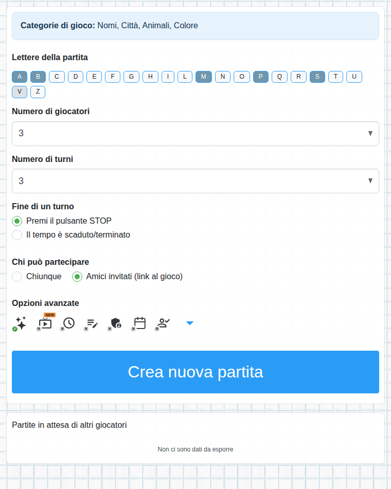 Modulo per creare la partita